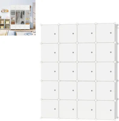 Produktbild von LZQ Kleiderschrank Garderobenschrank, 20 Kubus Kunststoff Kleiderschrank，Steckregal Kombischrank, Schrank Regalsystem mit 2 Haken, Weiß