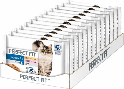 Produktbild von PERFECT FIT™ Katze Portionsbeutel Indoor 1+ mit Huhn und Erbsen und mit Lachs und Karotten 13 x 4 x 85g