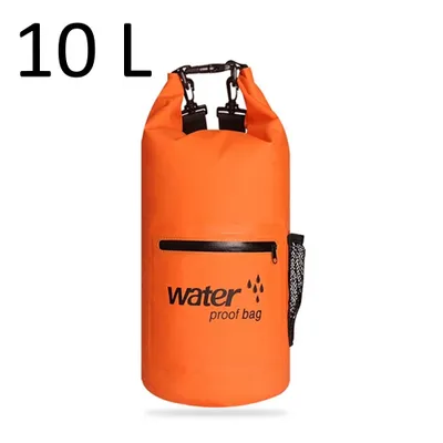 Produktbild von Drybag 10L in Orange, wasserdichter Seesack, Rollbeutel mit zusätzlicher Netztasche, Reissverschlusstasche und 2 Tragegurten zur Verwendung als Rucksack