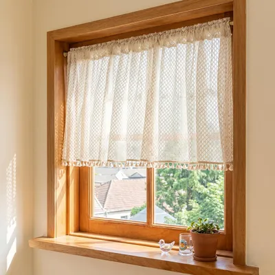 Produktbild von Scheibengardine Boho Creme Halbtransparent Spitze Vorhang Kurze Vorhänge Bistrogardine Gardinen mit Quasten, 2 Stück, B140xH46cm