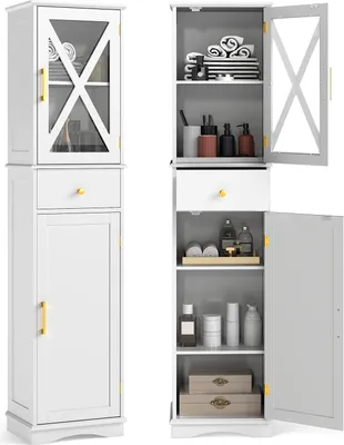 A white bathroom cabinet shown from two angles, one closed and one open, displaying its interior storage.
