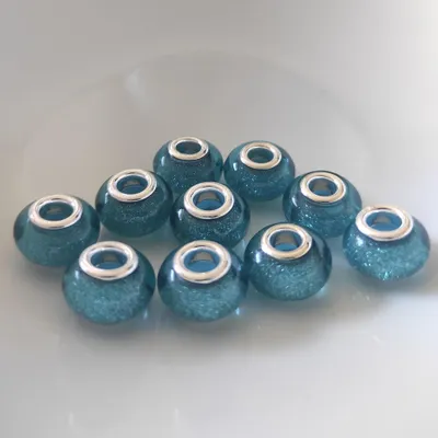 Image de Spacer Charm gros trous, perles rondes scintillantes, 14 mm, 10 pièces, bleu / bleu clair