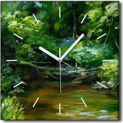 Produktbild von Coloray Uhr auf Leinwand 30x30 cm Wand Uhr Dekoration Wohnzimmer Segeltuch weiße Zeiger -Flusswaldlandschaft.