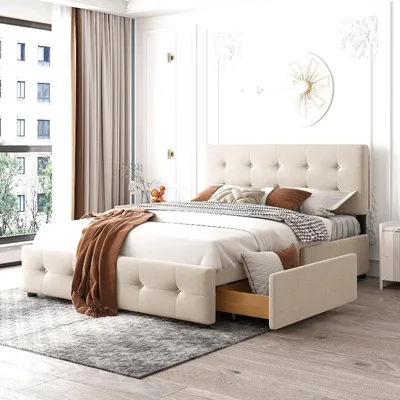 Zdjęcie produktu dla Łóżko tapicerowane 140x200 cm z 4 szufladami i stelażem, obite welurem w kolorze beżowym, rama łóżka z zagłówkiem, idealne do sypialni