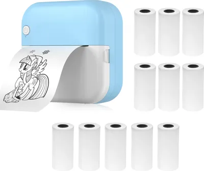 A light blue and white mini thermal printer is shown with a sheet of paper printing a black and white image of a cartoon horse. Several rolls of thermal paper are arranged to the right and below the printer.