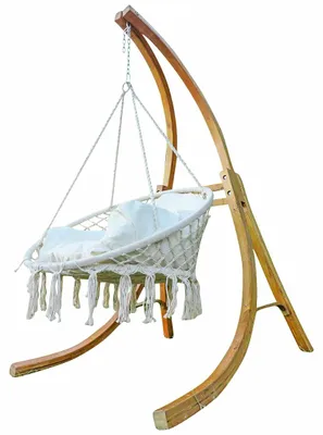 Produktbild von ALEOS. DESIGN Hängesesselgestell mit Hängesessel Holzgestell Hängestuhl mit Gestell aus Holz Lärche Modell CATALINA 100cm komplett mit großem Kissen