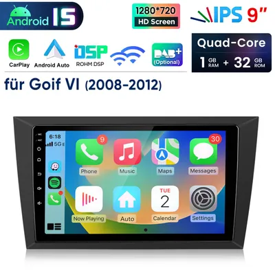 Image de Autoradio Android 15 9 pouces pour VW Golf VI (6), modèle 2008-2012, avec GPS, navigation, Wi-Fi, Bluetooth,au volant (SWC), DAB+, DSP, RDS, et port USB (1+32 Go)