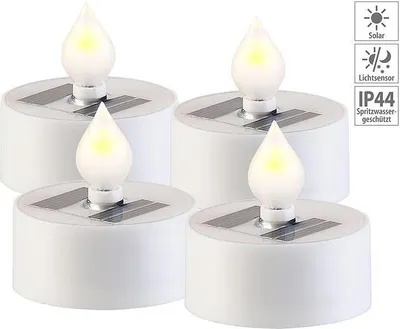 Produktbild von 4er-Set Solar-LED-Teelichter mit Dämmerungs-Sensor, IP44, weiß