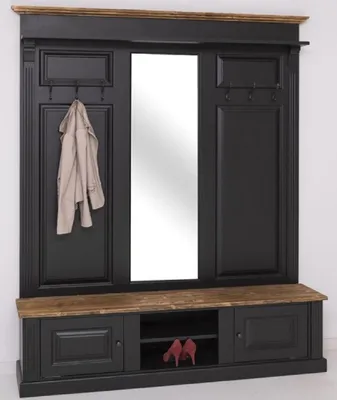 Produktbild von Casa Padrino Landhausstil Garderobe Schwarz / Braun 180 x 41 x H. 210 cm - Massivholz Garderobenschrank mit Spiegel - Landhausstil Garderobenmöbel