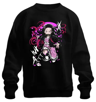 Produktbild von Nezuko Kamado Anime Dämon Kampfpose Bambus Beißschutz rosa Sweatshirt Pullover, Schwarz, S