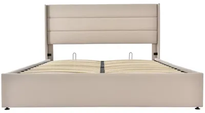 Productafbeelding van Gestoffeerd bed - Tweepersoonsbed - 160 x 200 cm - Bed met opbergruimte - Lattenbodem - Linnen hoes - Beige - Zonder matras