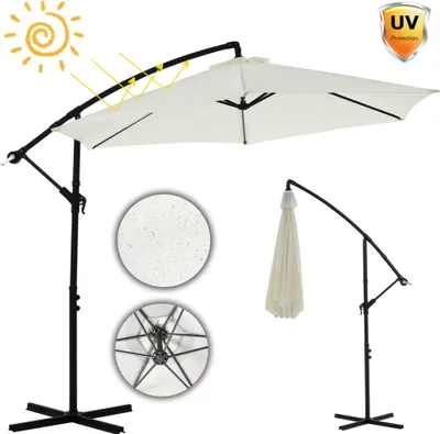 A cream-colored cantilever umbrella is shown in an open state, with a close-up of the fabric texture and the umbrella's internal structure. A smaller image shows the umbrella folded.
