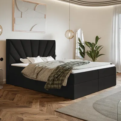 Produktbild von MOTIVENA Aspen Boxspringbett 180x200 Schwarz Samt (Jasmine 100), Bonellfederkern-Matratze (H4), T28 Komfortschaumstoff Topper (H3)