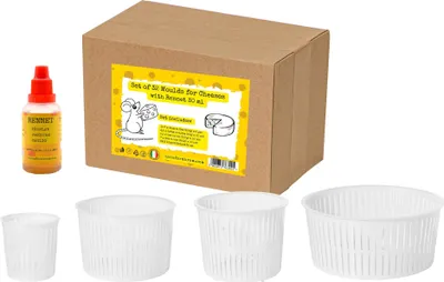 Produktbild von Käseformen Set inkl. 32 Stk. + Käselab 30ml Runde Käseformen, Käseform aus Kunststoff für Weichkäse, Kase Form, Kaseform, Käse Form, Lab
