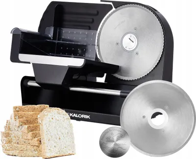 Produktbild von METALL-AUFSCHNITTMASCHINE MIT ZWEI AUSTAUSCHBAREN KLINGEN Schwarz 220W Schnittstärkeregulierung KALORIK