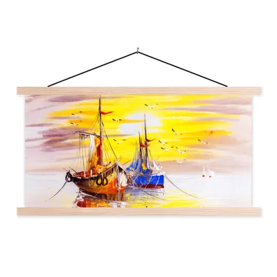 Produktbild von MuchoWow® Textilposter Malerei - Boot - Wasser - Ölfarbe 120x60 cm mit holzfarbenen Rahmen - Klemmleiste