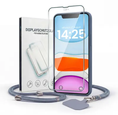Produktbild von Handyhülle für Apple iPhone 11 mit Handykette und 9H Displayglas Displayschutz Band Kordel Hülle Case Schutzhülle Lavendelblau Blau