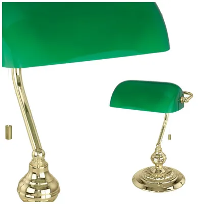 Two views of a banker's lamp with a green shade and a gold base, presented on a white background.