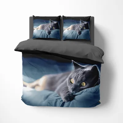 A bedding set with a black and blue cat print, displayed on a bed.