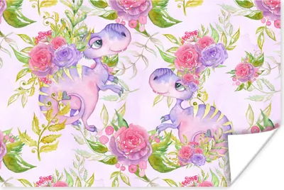 Produktbild von MuchoWow® Poster Dinosaurier - Blumen - Kinderzimmer - Mädchen - Rosa - Mädchen 120x80 cm - Bilder