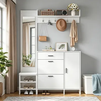 Immagine prodotto di Armadio con spazio per scarpe e specchio, dimensioni 140x30x200 cm, realizzato in MDF bianco, ideale per l'ingresso