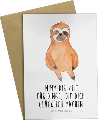 Produktbild von Mr. & Mrs. Panda Glückwunschkarte Faultier Zufrieden - Weiß - Geschenk, glückwunschkarten, Klappkarte, osterkarte, einladungskarten, weihnachtskarten, Zufriedenheit