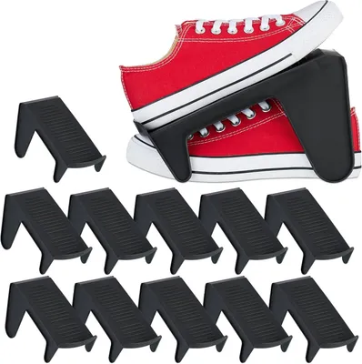 Image de Organisateur à chaussures - Lot de 12 - Jusqu'à la taille 39 - Antidérapant - Plastique - Empileur à chaussures pour étagère à chaussures - Noir