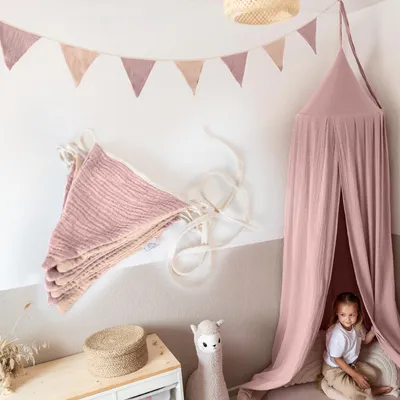 Image de Guirlande de fanions rose beige & rose poudré sans application dorée - guirlande en tissu 3 m