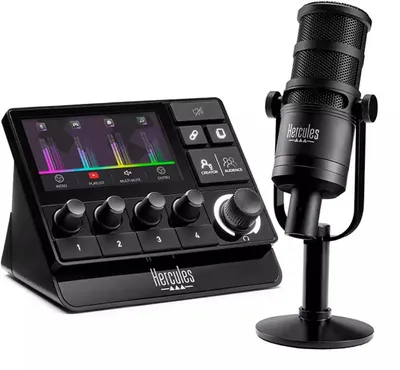 Produktbild von Hercules Stream Essentials Kit, Tischmikrofon, Unidirektional/ Kardioid, 50 - 18000 Hz, -56 dB, 350 Ohm, 79 x 207 x 53 mm