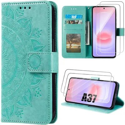 Image de Coque + 2 Verres Trempés pour Samsung Galaxy A37 5G, Anti-Rayures Antichoc Synthécuir Motif Exotique - Vert