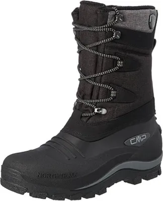 A single black and gray winter boot is shown against a white background.
