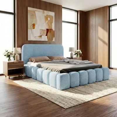 Produktbild von Polsterbett MONI 180x200 mit Bettkasten und Lattenrost – Bouclé Stoff MONTE Hellblau