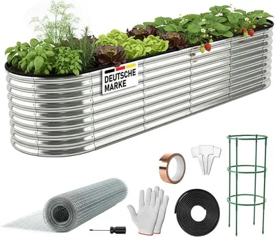 Produktbild von Hochbeet Metall Julia | 160x80x80-400x80x80cm | viele Modelle | extra viel Zubehör | Stahl rostfrei & verzinkt | wetterfest ovale Form | für Gemüse Obst Kräuter & Blumen | 240x80x80cm Silber