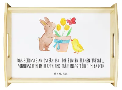 Produktbild von Mr. & Mrs. Panda Servier Tablett Hase Küken - Weiß - Geschenk, Ostern, Deko, Ostergeschenk, holz, sofatablett, Dekotablett, aus