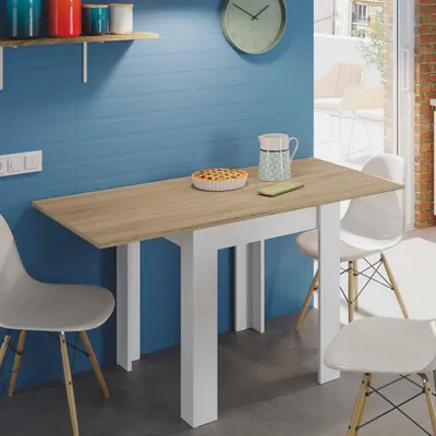 Produktbild von Ausziehbarer Tisch Newark, Klappbarer Esstisch mit Buchöffnung, Klappbarer Hilfstisch, 67x67/135h79 cm, Weiß und Eiche