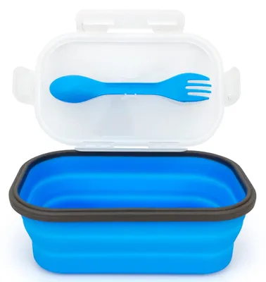 Produktbild von 1000 ml Silikon-Bento-Lunchbox, faltbarer Lebensmittelbehälter mit auslaufsicherem Deckel und 2-in-1-Löffel-Gabel, mikrowellengeeignet, 20,5 x 13 cm