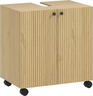 Image de Meuble sous lavabo Fortuna Lai pour salle de bains, étagère à 3 niveaux, roulettes, bois