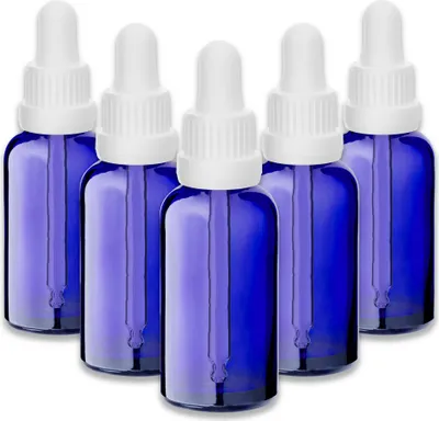 Produktbild von 5x Blaue Glasflasche 30 ml mit weißer Pipette Apothekerflasche 18 mm