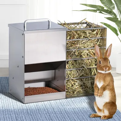 Image de Hooiruif en acier inoxydable - Distributeur de nourriture pour lapin - Gamelles pour hamster - Râtelier pour foin - Design 2 en 1 - Dimensions : 32,5 x 26 x 15 cm