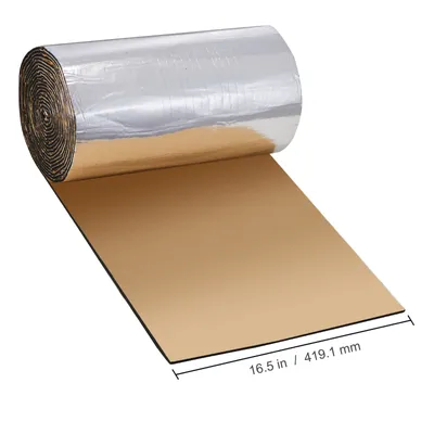 A roll of insulation material with one end unrolled, showing its layers and dimensions.