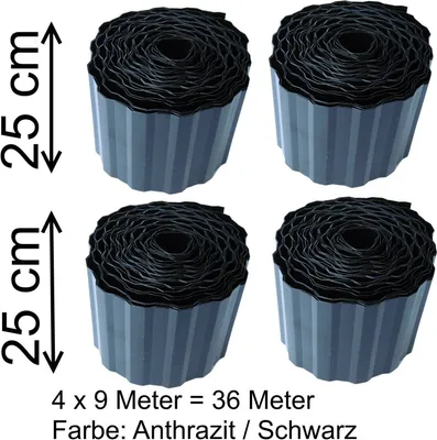 Four rolled-up garden edging rolls are displayed against a white background, with size and quantity information provided.