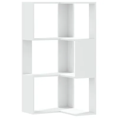 A white, multi-compartment bookshelf is shown against a white background.