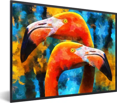 Produktbild von MuchoWow® Gerahmtes Poster Gemälde - Ölfarbe - Flamingo 80x60 cm - Poster mit Schwarzem Bilderrahmen Wandposter Rahmen Foto Bilder - Schwarzem - Mit Gestell