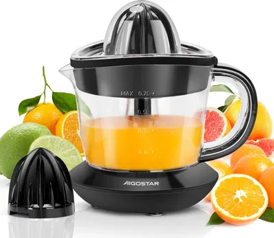 Produktbild von Aigostar Saftpresse elektrisch 2 Kegel, Zitrus- & Saftpressen Orangenpresse 40 Watt, Zitruspresse 1 Liter, 2 Drehrichtungen, Hohe Saftausbeute, Fruchtfleisch-Regulierung, BPA-frei