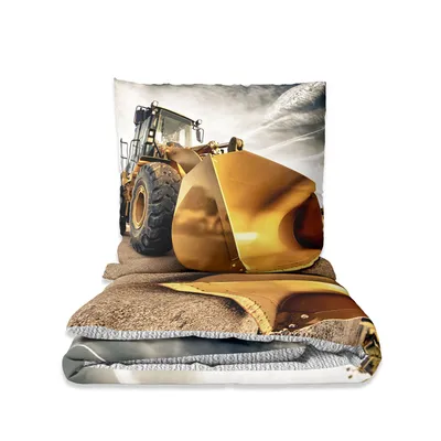 A folded duvet cover with a printed image of a yellow excavator.