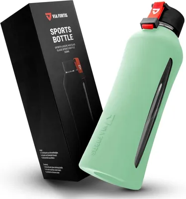 Obrázek produktu pro Skleněná láhev VIA FORTIS® s vysoce kvalitním silikonovým obalem - láhev na pití pro sport, fitness, posilovnu, kolo a kancelář - nerozbitná a bez BPA - 550 ml - barva: mátově zelená