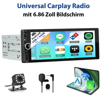 Produktbild von Autoradio 1 DIN Android 15 Touchscreen mit Carplay Android Auto Navi GPS Bluetooth USB RDS FM Radio Freisprechanlage 4x50W 2GB RAM 32GB Speicher Mikrofon