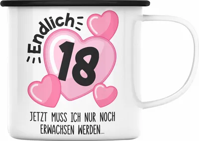 Produktbild von Trendation - 18. Geburtstag Emaille Tasse Geschenk Mädchen Geschenkidee Lustig Spruch 18 Geschenke Geschenkideen zum 18 Bday 18er (Schwarz)