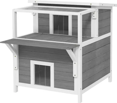 Produktbild von 2-stöckiges Katzenhaus mit Balkon, Wetterfeste Katzenhütte, Regen- und Sonnenschutz, für drinnen und draußen, Hellgrau