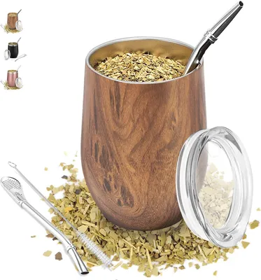 Produktbild von Mate Becher, 340 ml Teetassen Set, Edelstahl doppelwand isolier Enthält Bombillas und eine Reinigungsbürste, Mate Teetasse mit BPA-freiem Deckel